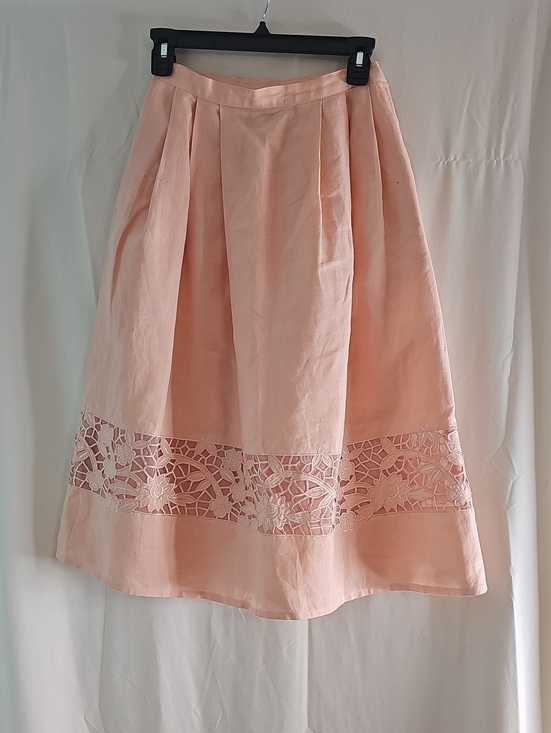 Anne Crimmins Dresses & Skirts - Vintage Anne Crimmins Pleated Midi Skirt with Lace Panel - Peach 100% Linen